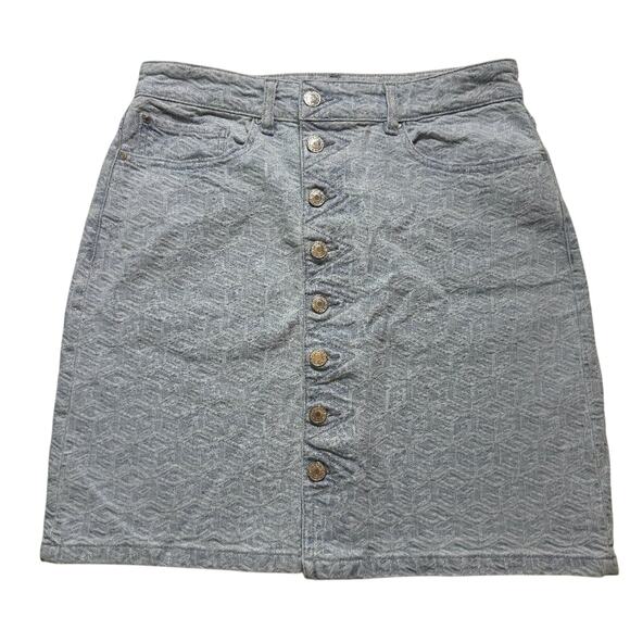 Guess Cube Pattern Denim Mini Skirt Light Blue Button Front Sustainable 30 - Picture 1 of 14